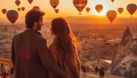 Couple flying ballon together