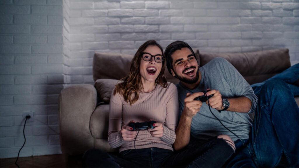 Couple playing games together during date night